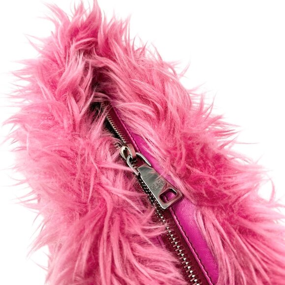 PRADA Vintage Logo Faux Fur Clutch Bag Zip Acrylic Polyester Pink  [105251] - Picture 9 of 13